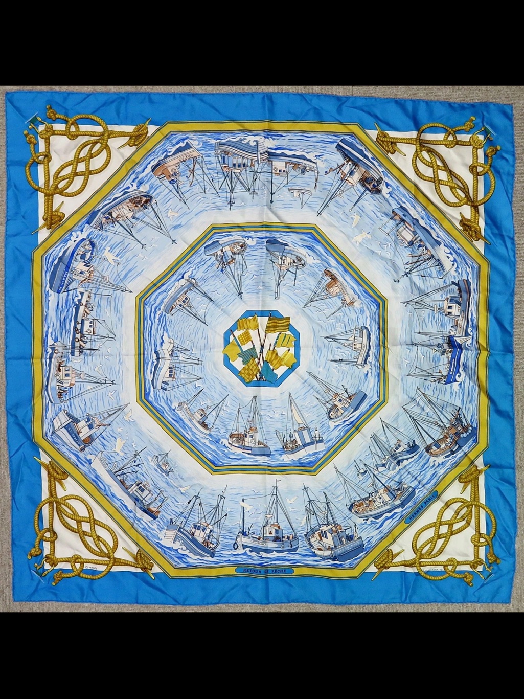 Hermes Blue White  Gold Nautical Silk Scarf